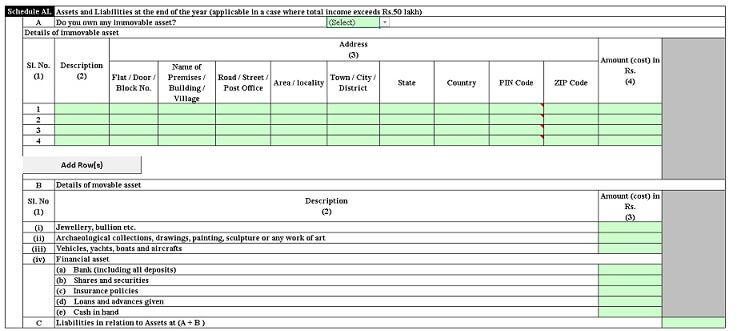 Asset And Liability In ITR Schedule AL for Income Above 50 Lakhs