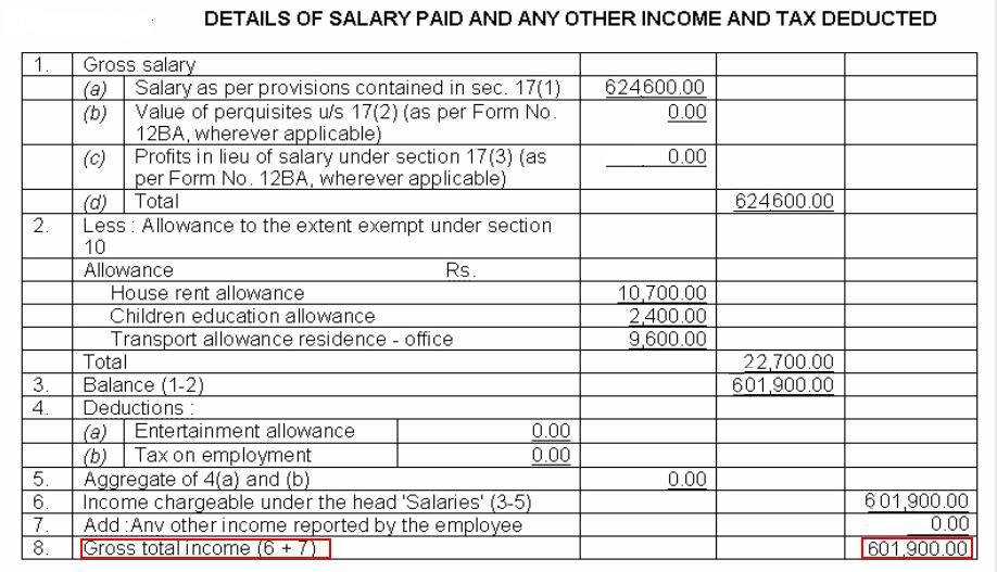 Income Details including exemptions in Form 16