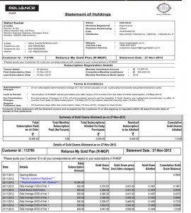 Reliance My Gold Plan monthly statement of holding