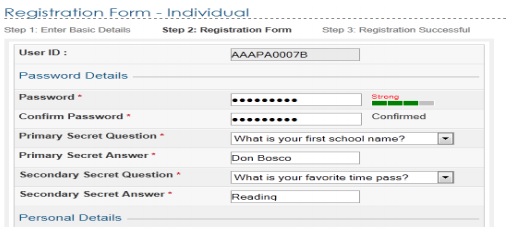 Income tax efile registration enter password details