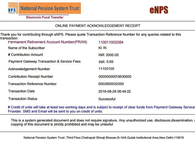 Nps contribution payment receipt