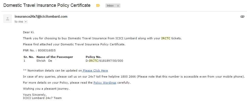IRCTC Indian Railways Travel Insurance Mail