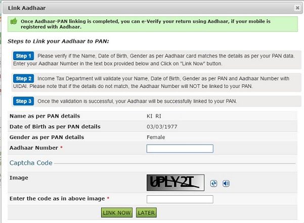 Income Tax ITR Link Aadhaar with PAN