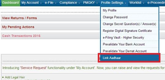 Income Tax ITR Link Aadhaar from Profile Settings