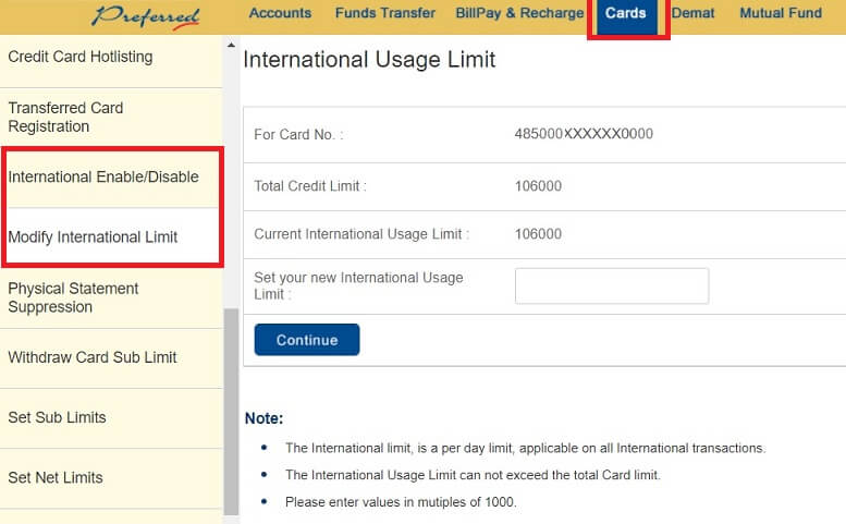 Setting limits for using credit card on international sites or internationally