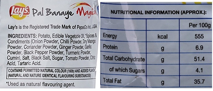 Ingredients Nutritional Information on Packet